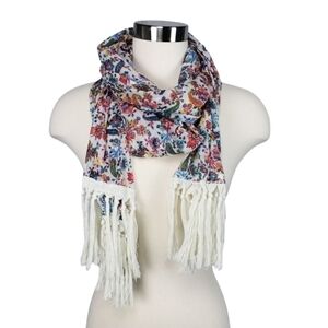 Floral Paisley Bohemian Scarf Cream Fringe Tassel Hem Multicolored Boho